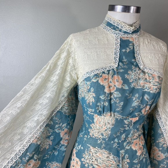 Vtg 70s Gunne Sax By Jessica Floral Voile Dress XS S Lace Boho Bell Sleeve - Picture 2 of 14